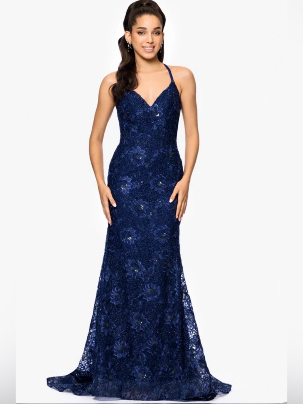 Betsy & Adam Embellished Lace Sleeveless Gown